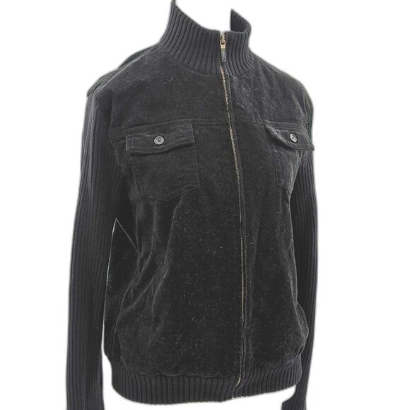 Lauren Ralph Lauren Black Corduroy Sweater Zip-Up Sweater Jacket Size Large - Picture 1 of 8